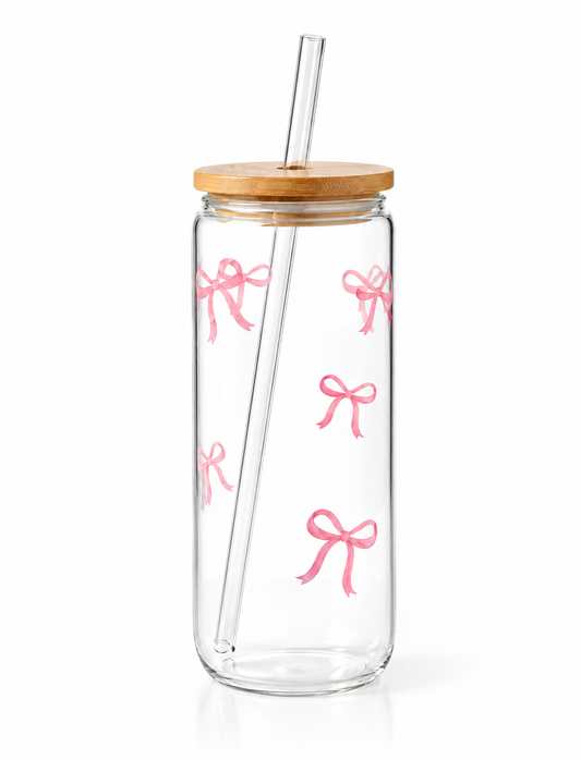 Pink Bow Glass Tumbler with Bamboo Lid & Glass Straw