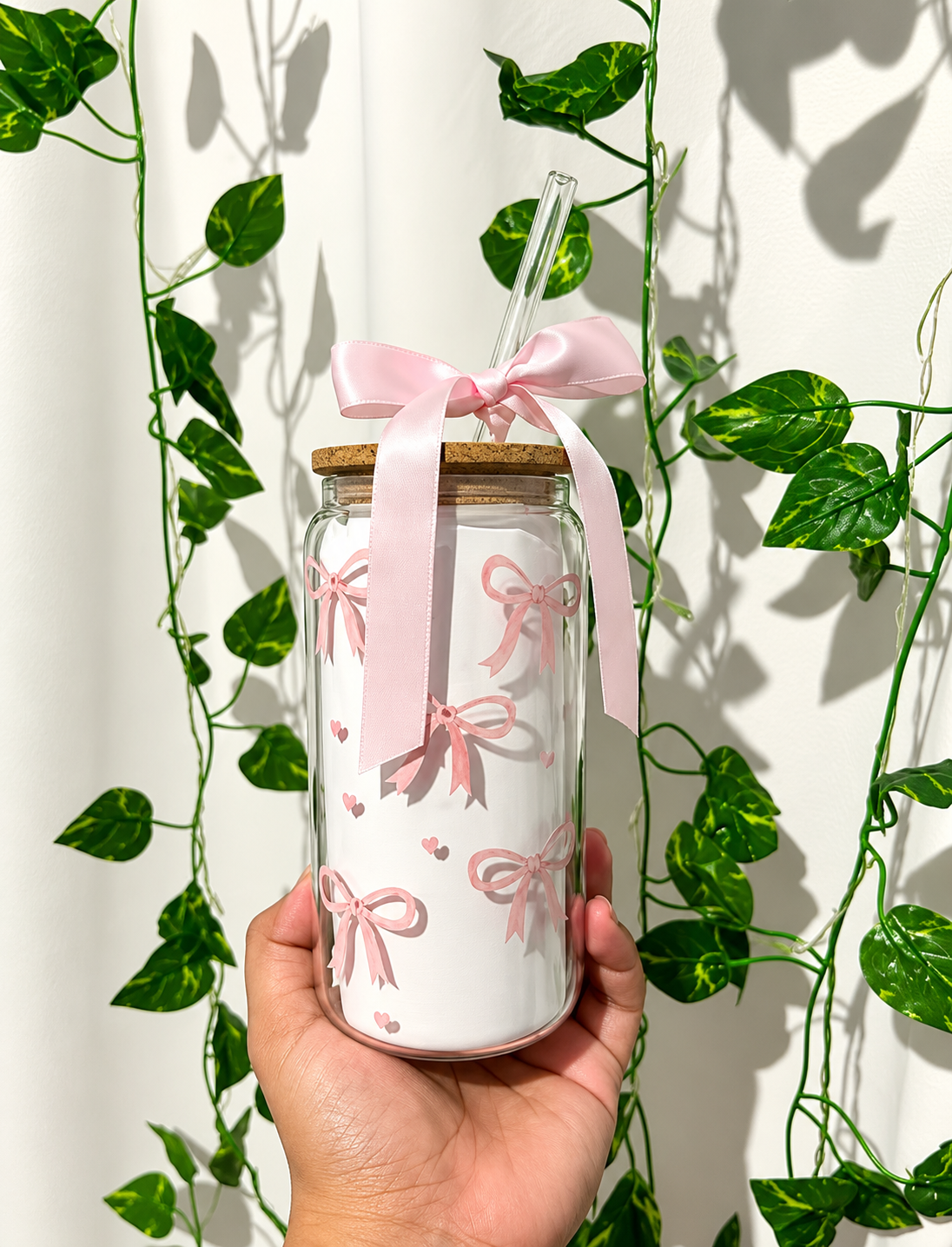 Pink Bow Glass Tumbler with Bamboo Lid & Glass Straw