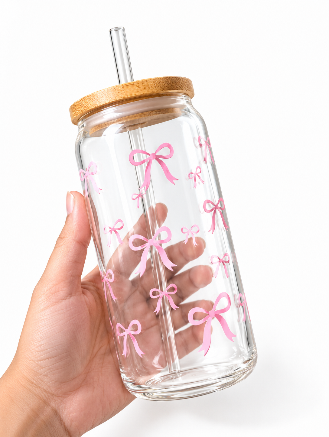 Pink Bow Glass Tumbler with Bamboo Lid & Glass Straw